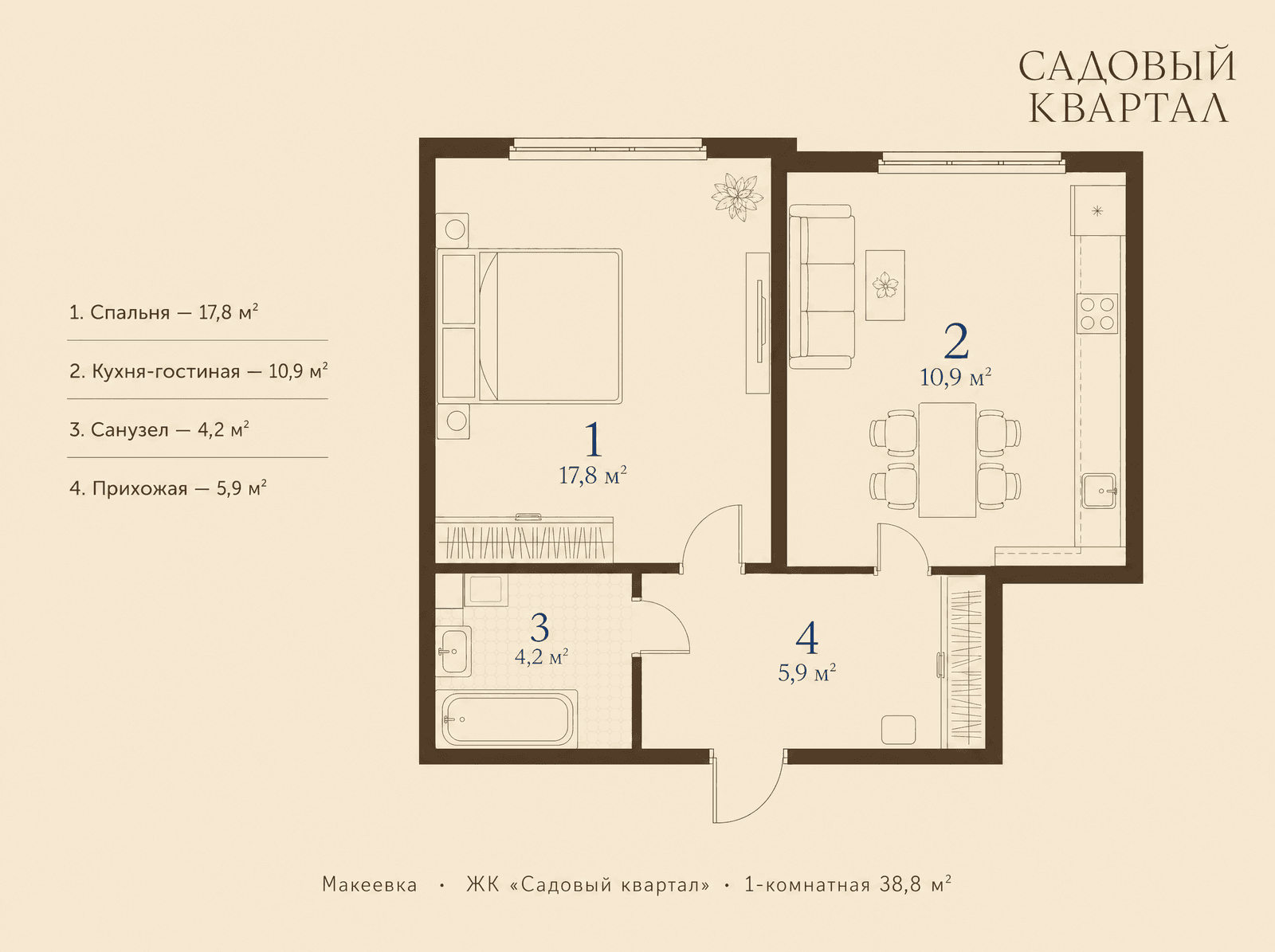 Планировка 1-комнатной квартиры 38,8 м² в ЖК Садовый квартал Макеевка